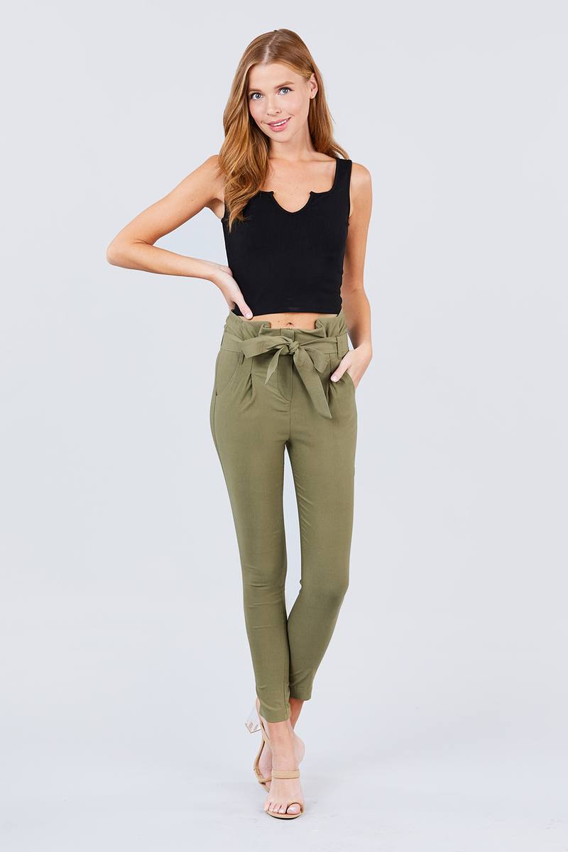 High Waisted Belted Pegged Stretch Pant - YuppyCollections