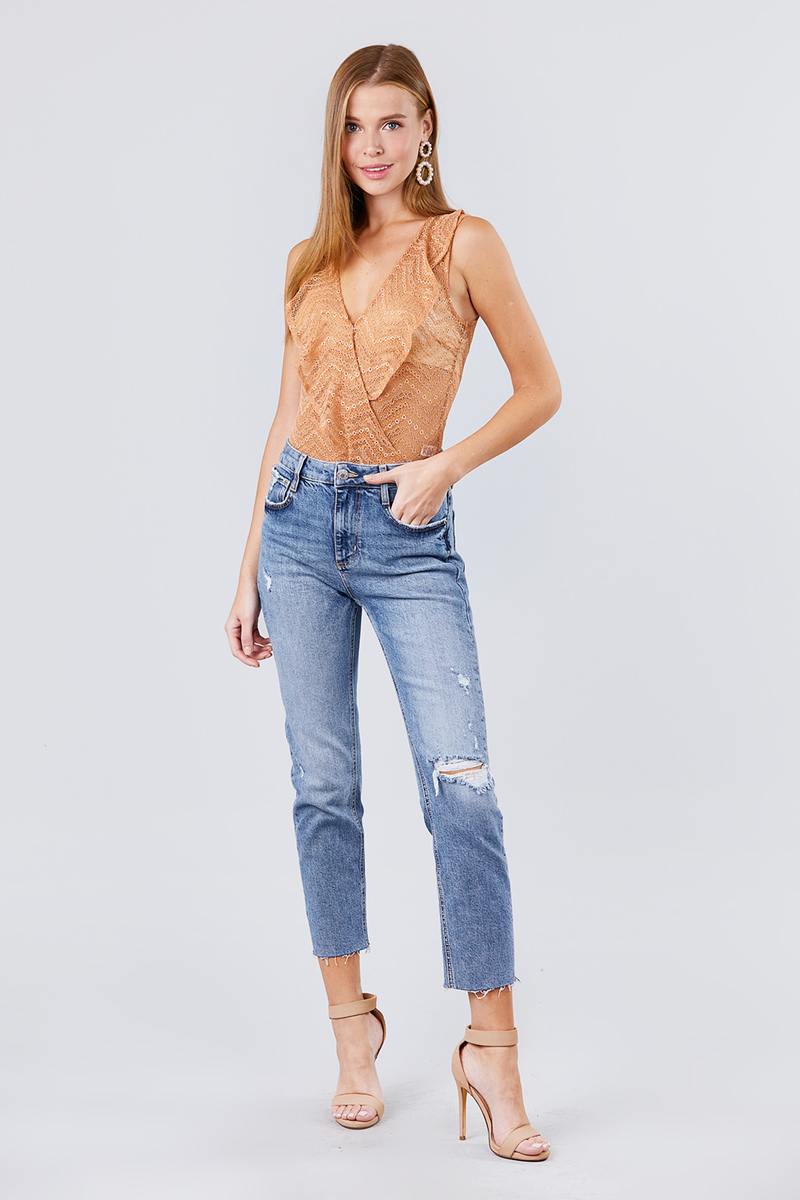 Sleeveless Surplice W/ruffle Lace Bodysuit - YuppyCollections