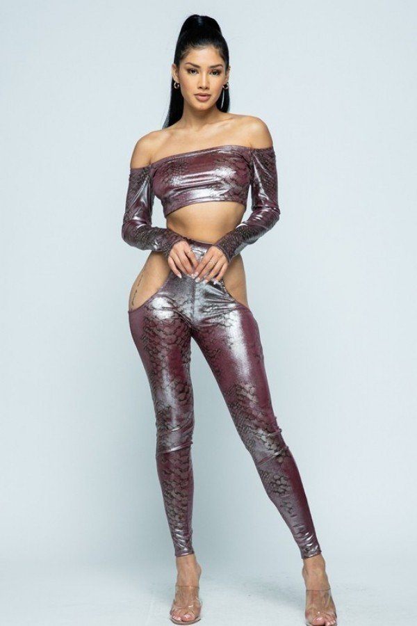 Snake Foil Print Off Shoulder Long Sleeve Top With Waist Band Under Side Cut Open Pants Set - YuppyCollections