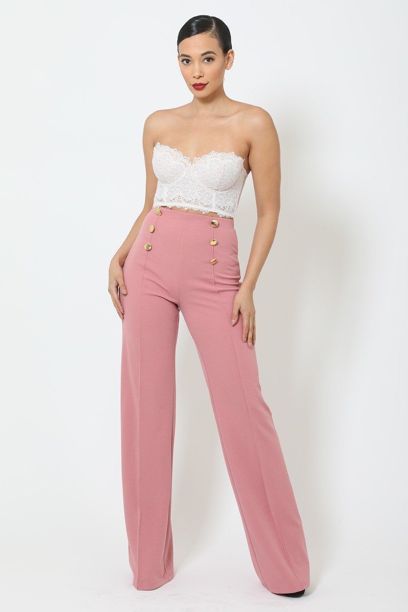 High-waist Crepe Pants With Buttons - YuppyCollections