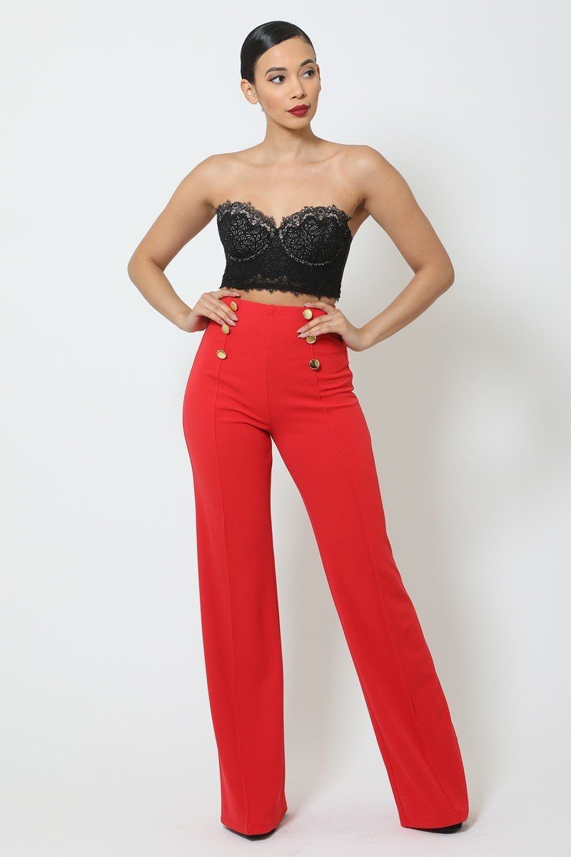 High-waist Crepe Pants With Buttons - YuppyCollections