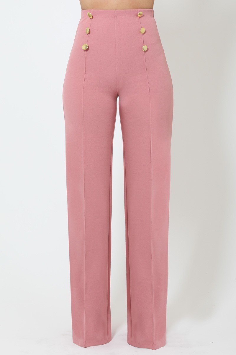 High-waist Crepe Pants With Buttons - YuppyCollections