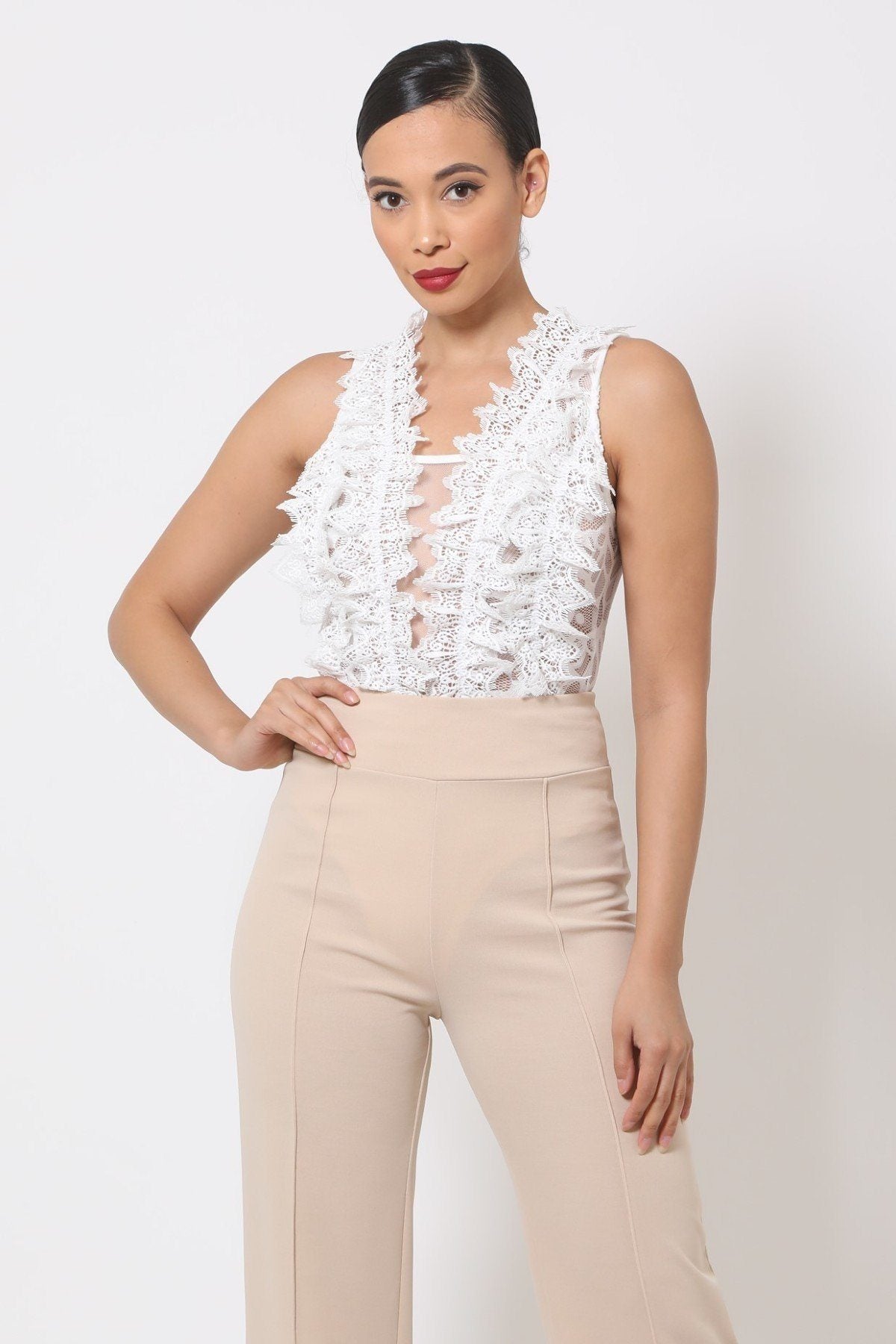 Crotchet Bodysuit W/front Ruffles And Small Mesh Details - YuppyCollections