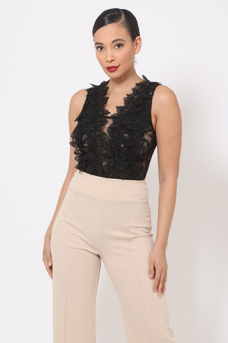 Crotchet Bodysuit W/front Ruffles And Small Mesh Details - YuppyCollections