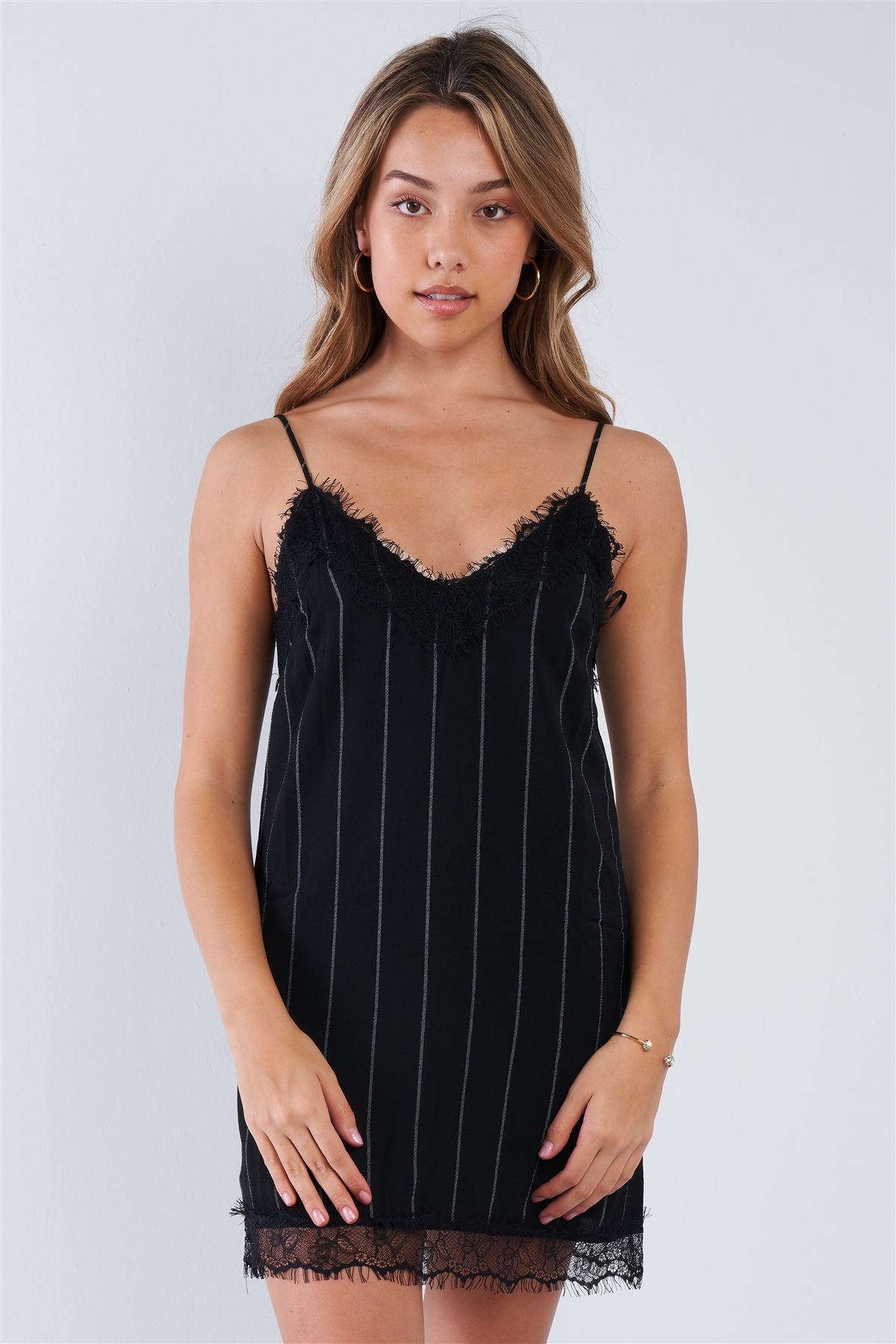 Black Pinstripe Lace Trim Slip Mini Dress - YuppyCollections