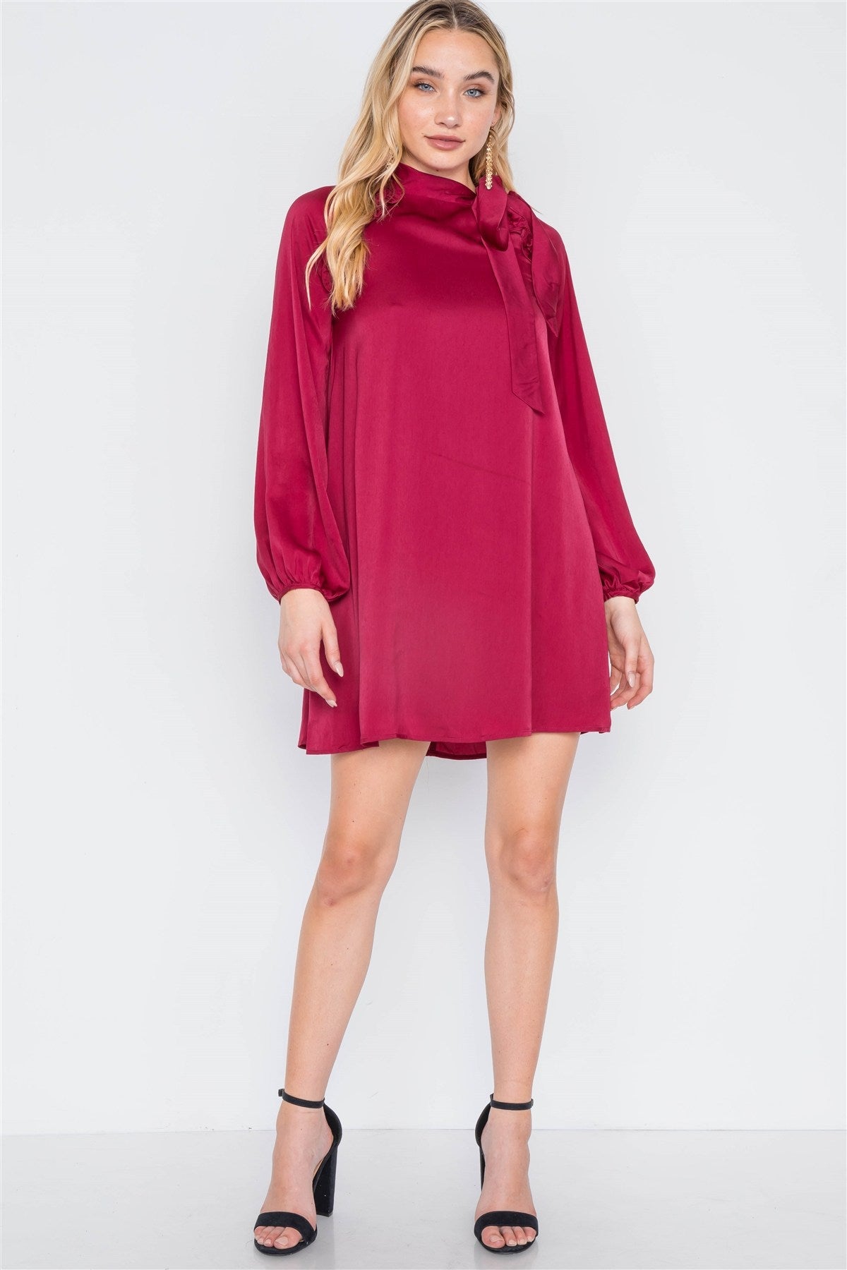 Satin Long Sleeve Side-tie Mini Dress - YuppyCollections