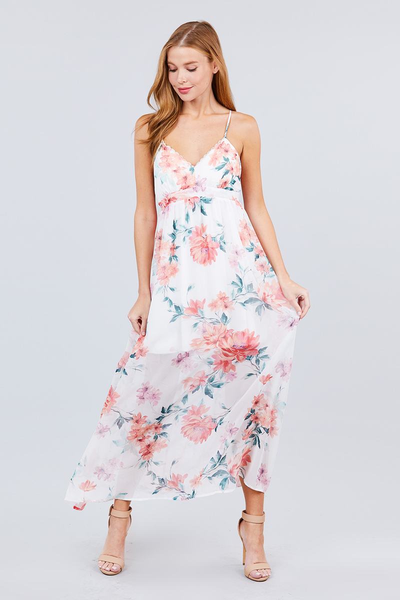 Deep V-neck W/cross Strap Print Maxi Dress - YuppyCollections