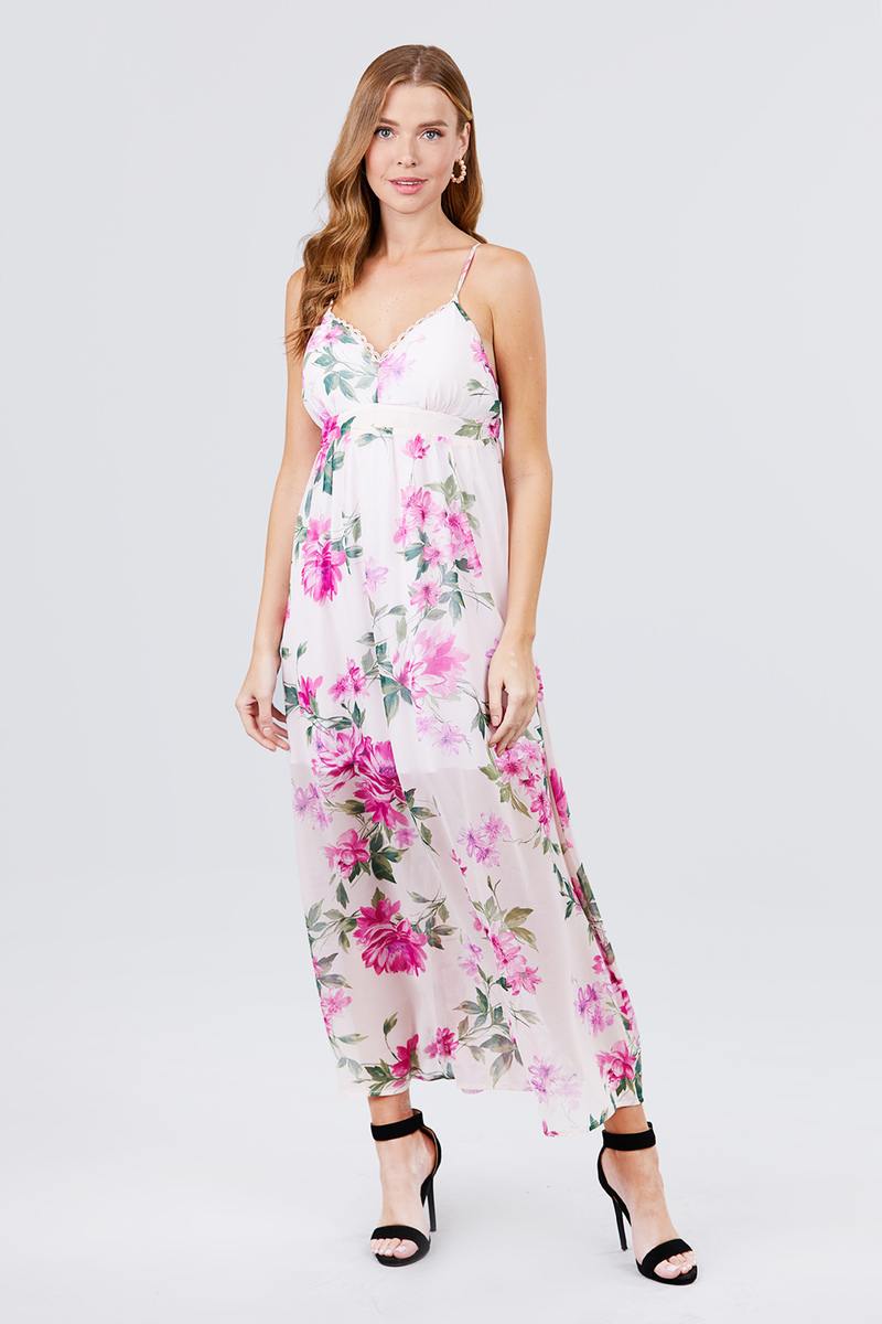 Deep V-neck W/cross Strap Print Maxi Dress - YuppyCollections