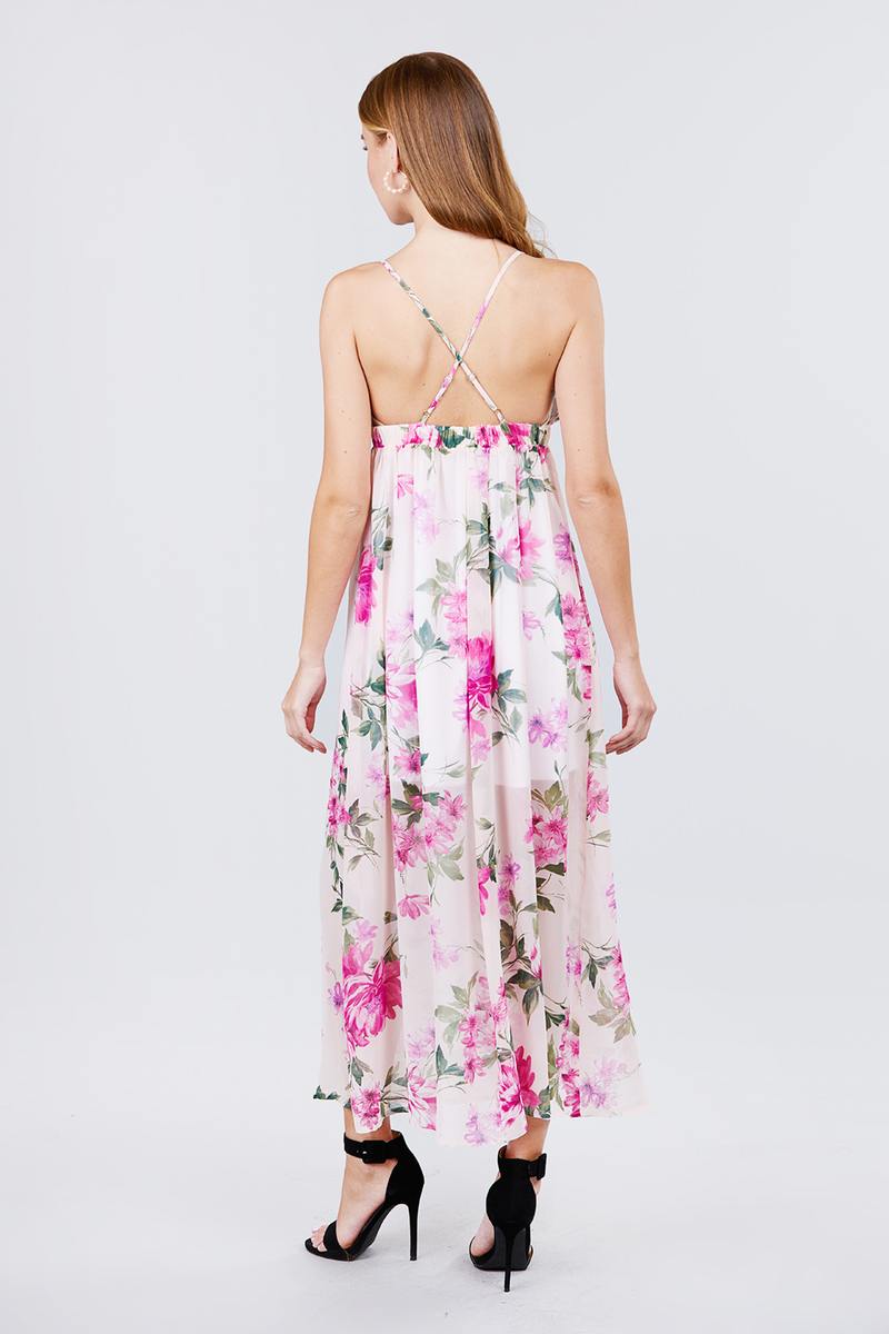 Deep V-neck W/cross Strap Print Maxi Dress - YuppyCollections