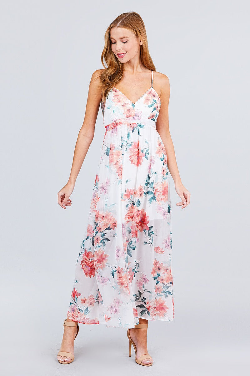 Deep V-neck W/cross Strap Print Maxi Dress - YuppyCollections