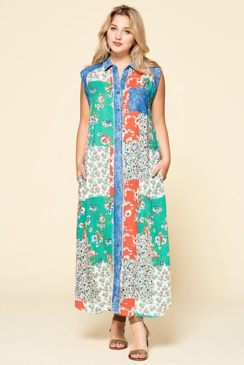 Mixed-floral Patchwork Printed Button-down Maxi Dress - YuppyCollections