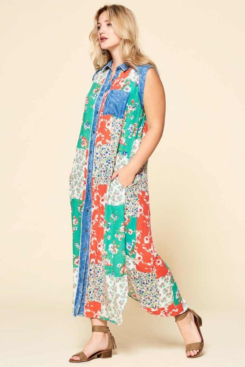 Mixed-floral Patchwork Printed Button-down Maxi Dress - YuppyCollections