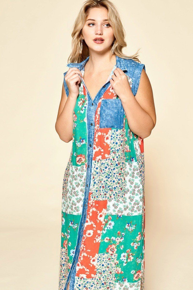 Mixed-floral Patchwork Printed Button-down Maxi Dress - YuppyCollections