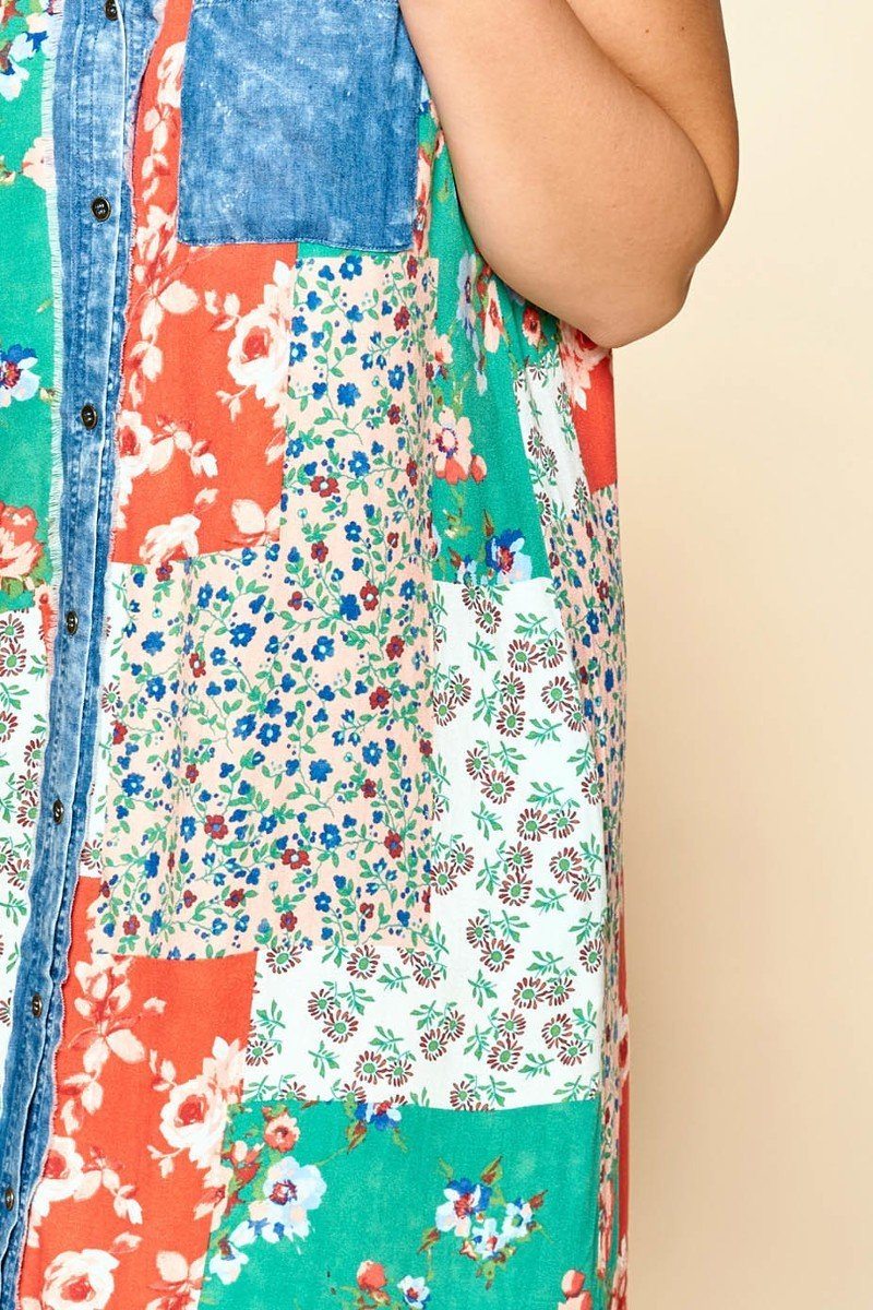 Mixed-floral Patchwork Printed Button-down Maxi Dress - YuppyCollections