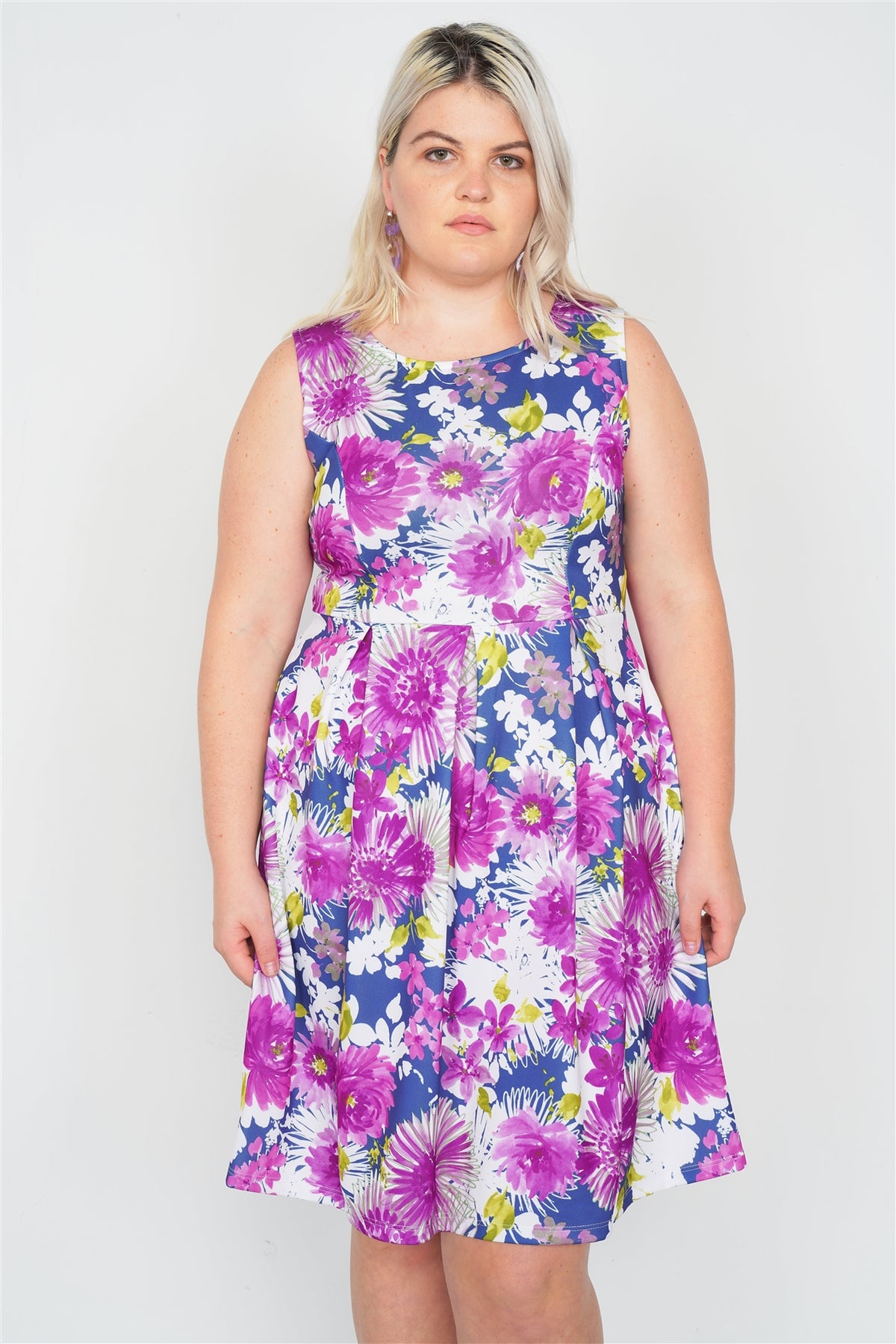 Plus Size Purple Navy Watercolor Floral Print Casual Midi Dress - YuppyCollections