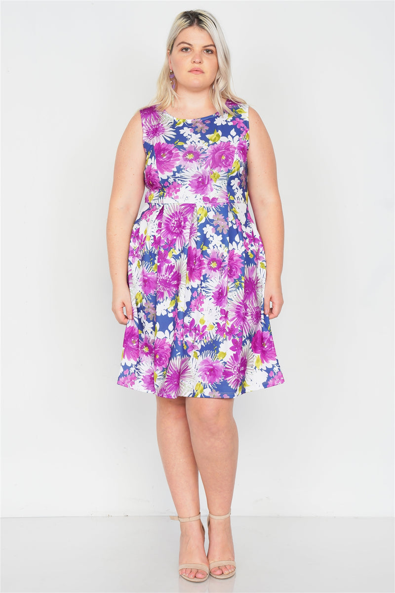 Plus Size Purple Navy Watercolor Floral Print Casual Midi Dress - YuppyCollections