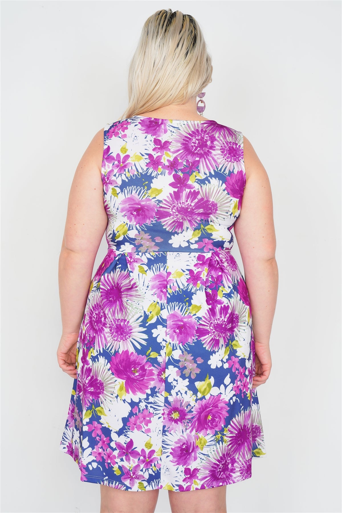 Plus Size Purple Navy Watercolor Floral Print Casual Midi Dress - YuppyCollections