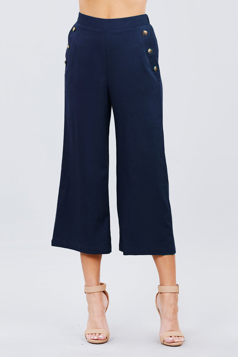 Fake Pocket W/button Detail Wide Long Leg Linen Pants - YuppyCollections