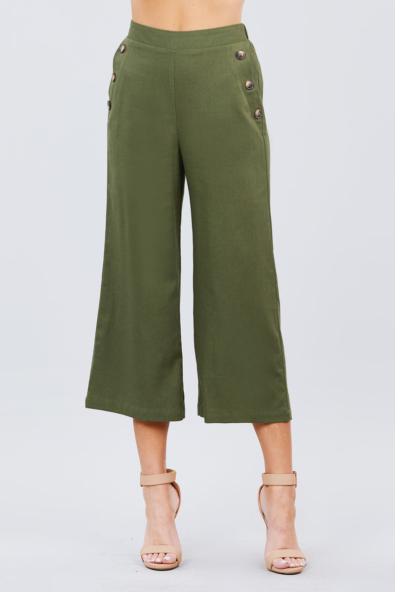 Fake Pocket W/button Detail Wide Long Leg Linen Pants - YuppyCollections