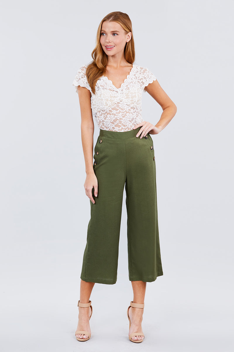 Fake Pocket W/button Detail Wide Long Leg Linen Pants - YuppyCollections