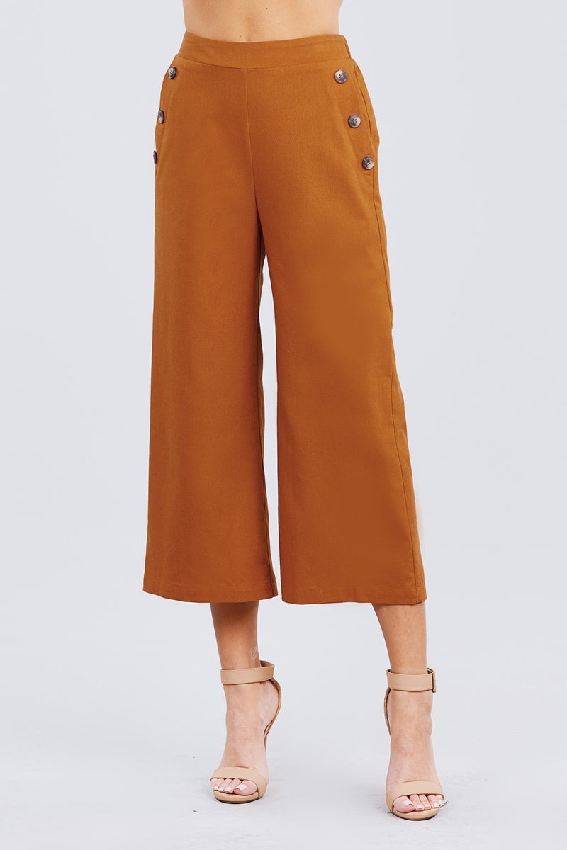 Fake Pocket W/button Detail Wide Long Leg Linen Pants - YuppyCollections