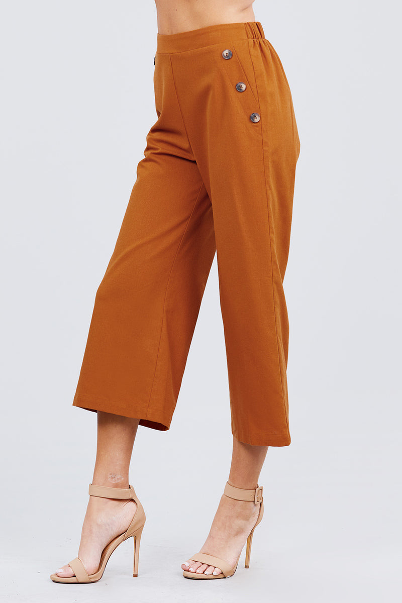 Fake Pocket W/button Detail Wide Long Leg Linen Pants - YuppyCollections