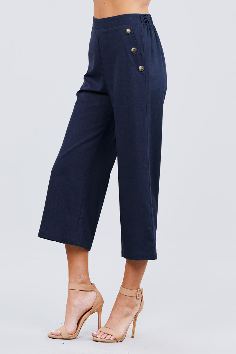 Fake Pocket W/button Detail Wide Long Leg Linen Pants - YuppyCollections