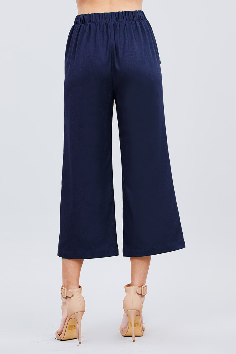 Fake Pocket W/button Detail Wide Long Leg Linen Pants - YuppyCollections