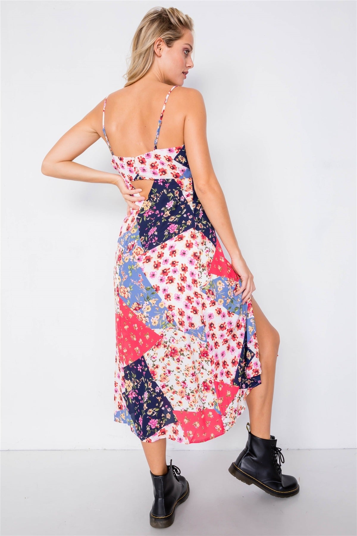 Multi Floral Center Slit V-neck Sun Midi Dress - YuppyCollections