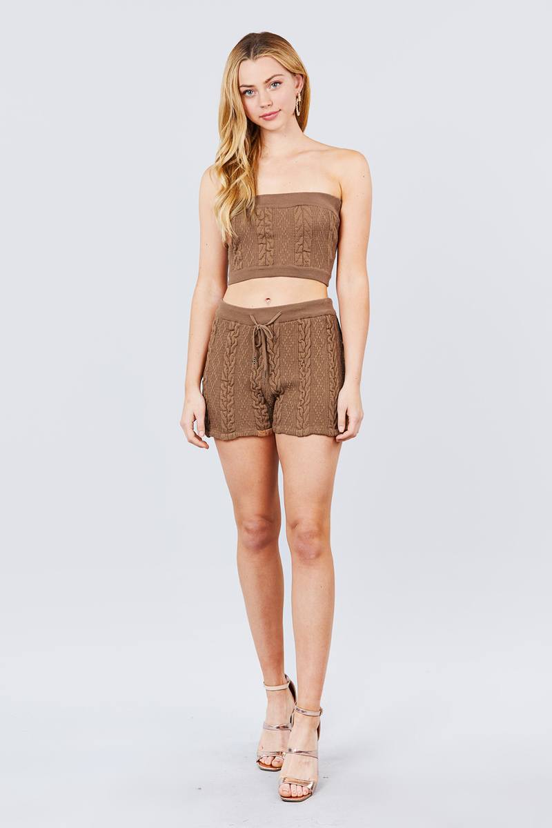 Cable Detail Sweater Tube Top And Sweater Short Pants Set - YuppyCollections