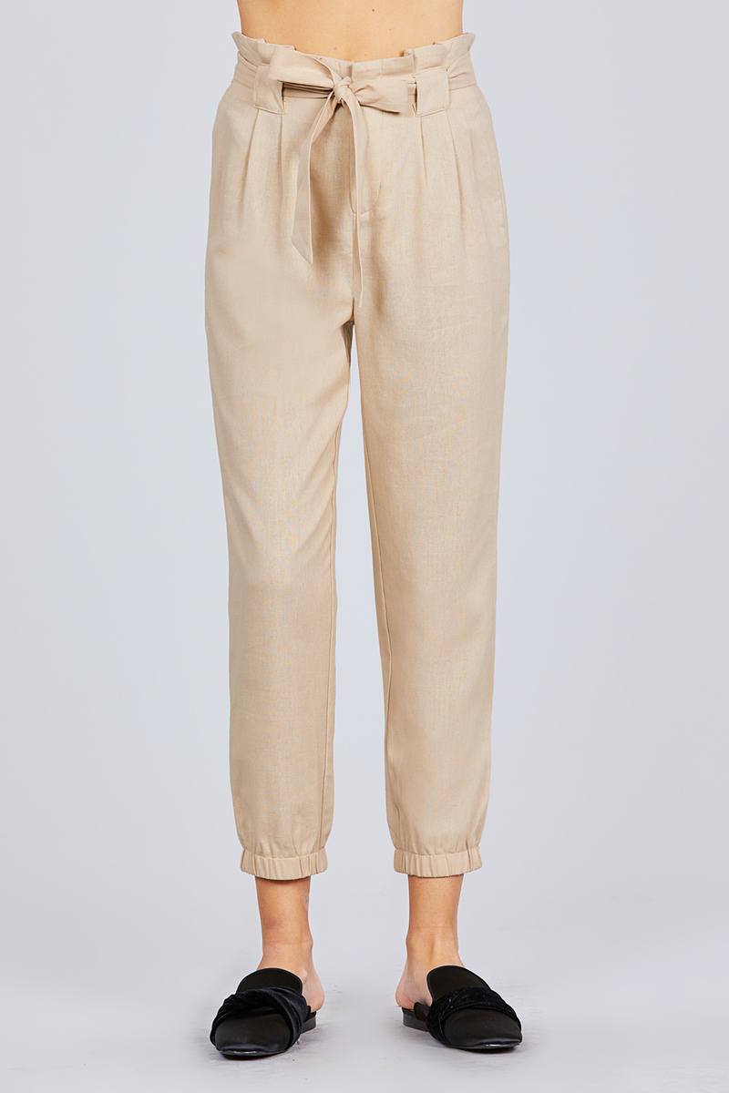 Paperbag W/bow Tie Elastic Hem Long Linen Pants - YuppyCollections