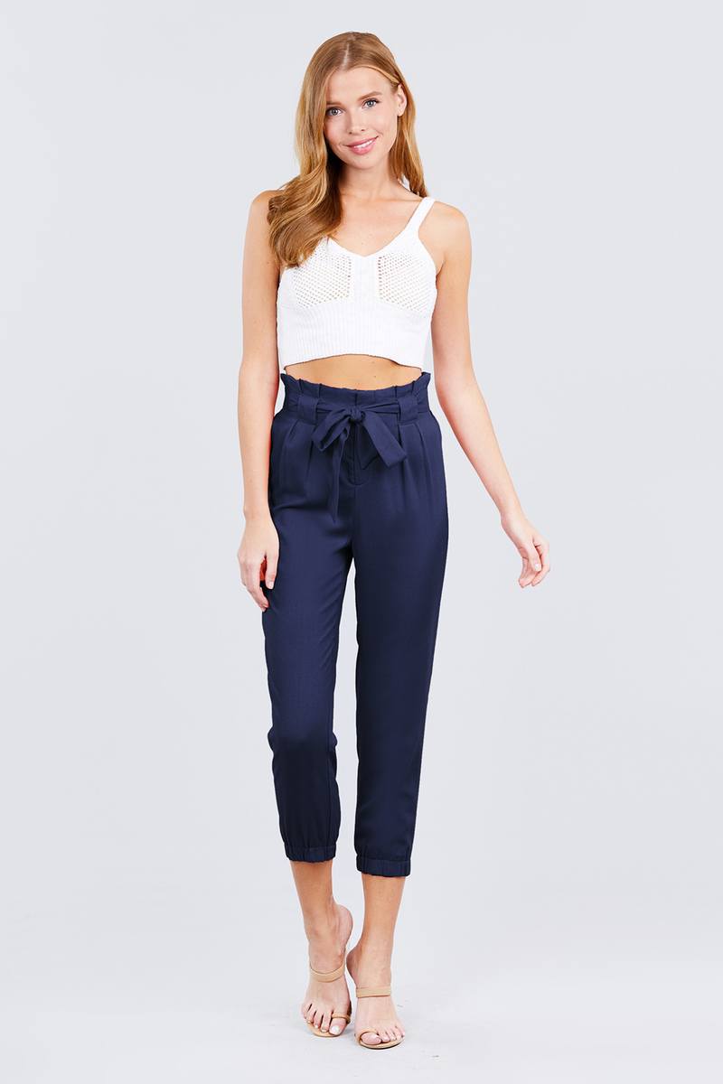 Paperbag W/bow Tie Elastic Hem Long Linen Pants - YuppyCollections