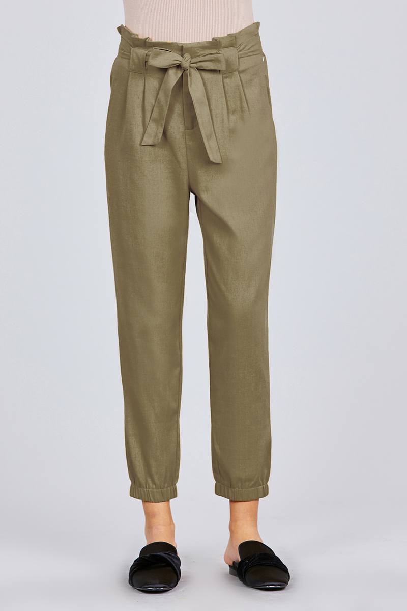 Paperbag W/bow Tie Elastic Hem Long Linen Pants - YuppyCollections