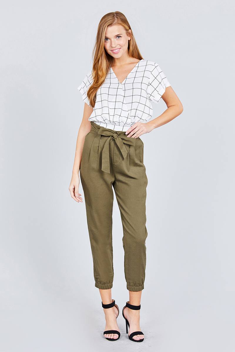 Paperbag W/bow Tie Elastic Hem Long Linen Pants - YuppyCollections