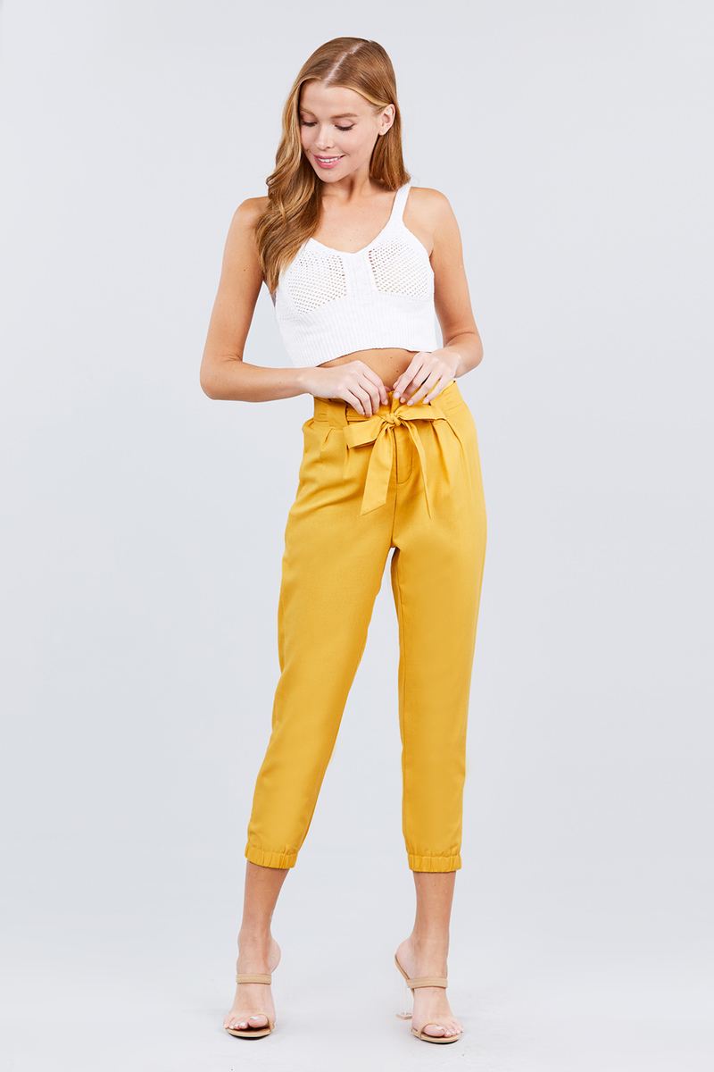 Paperbag W/bow Tie Elastic Hem Long Linen Pants - YuppyCollections