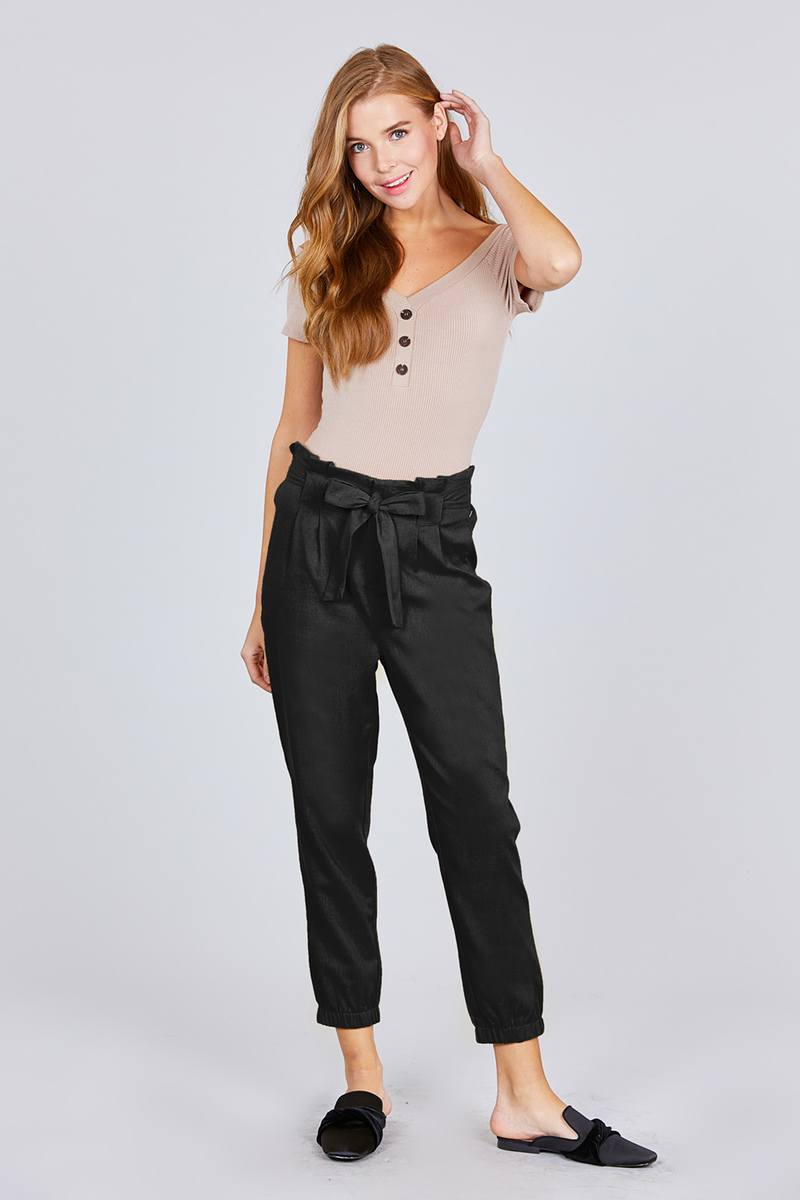 Paperbag W/bow Tie Elastic Hem Long Linen Pants - YuppyCollections