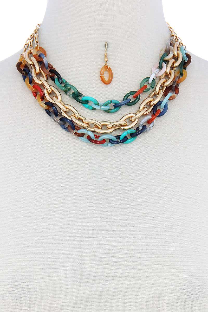 Triple Layer Multi Color Thick Chain Necklace And Earring Set - YuppyCollections