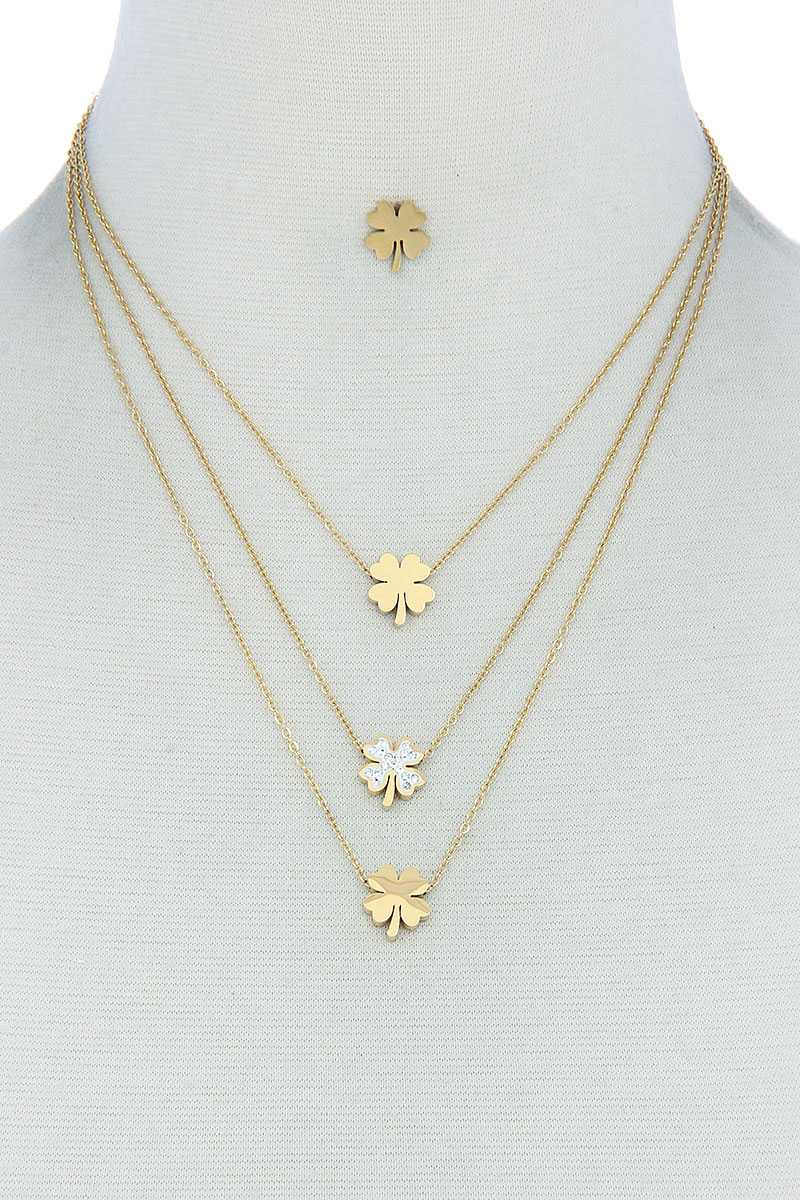 Triple Layer 4 Leaves Clover Necklace And Earring Set - YuppyCollections