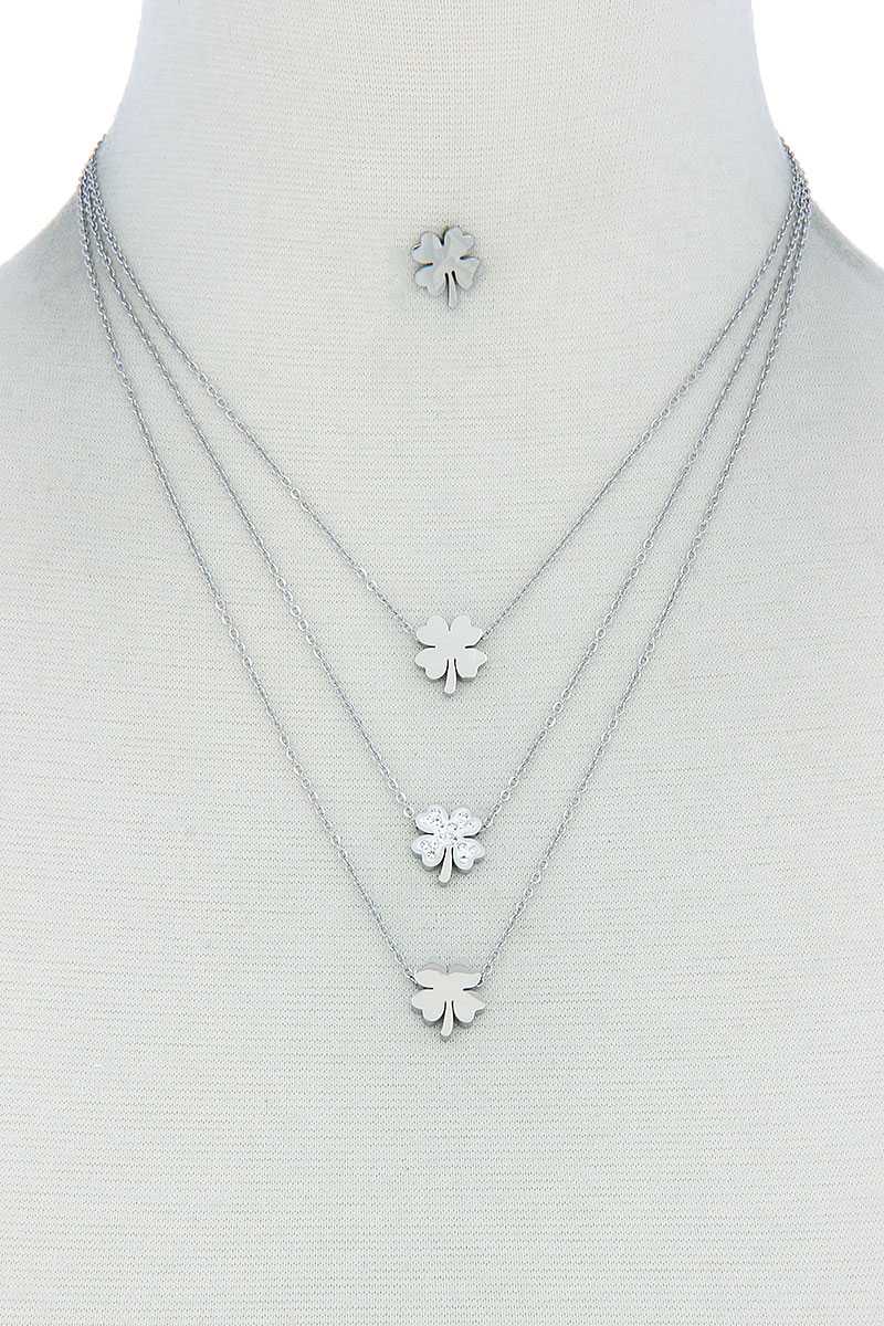 Triple Layer 4 Leaves Clover Necklace And Earring Set - YuppyCollections