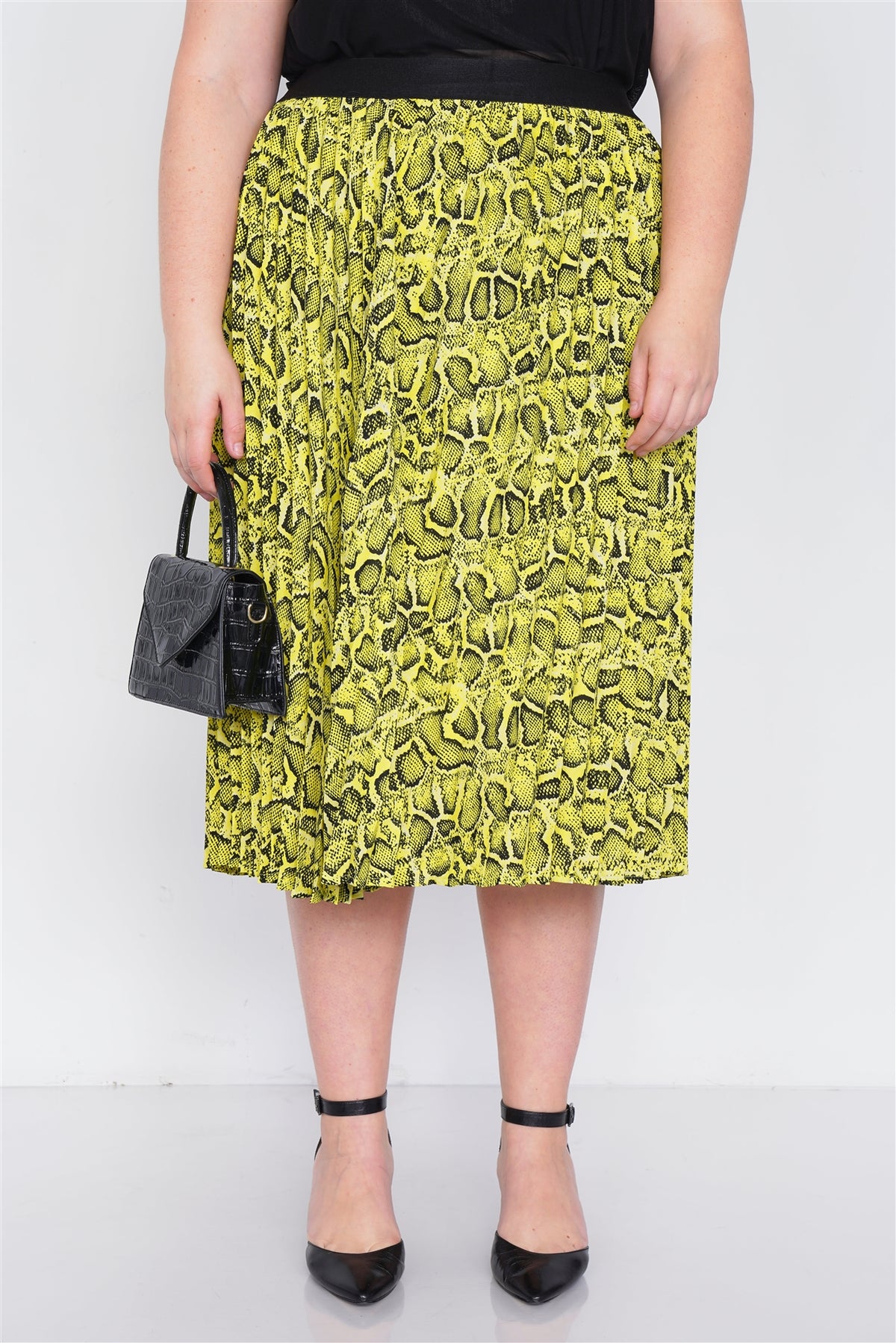 Plus Size Neon Yellow Pleated Animal Print Chic Midi Skirt - YuppyCollections