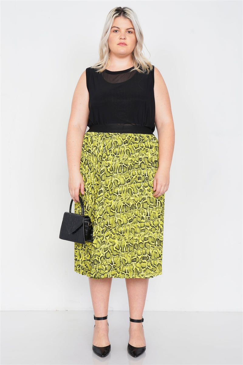 Plus Size Neon Yellow Pleated Animal Print Chic Midi Skirt - YuppyCollections