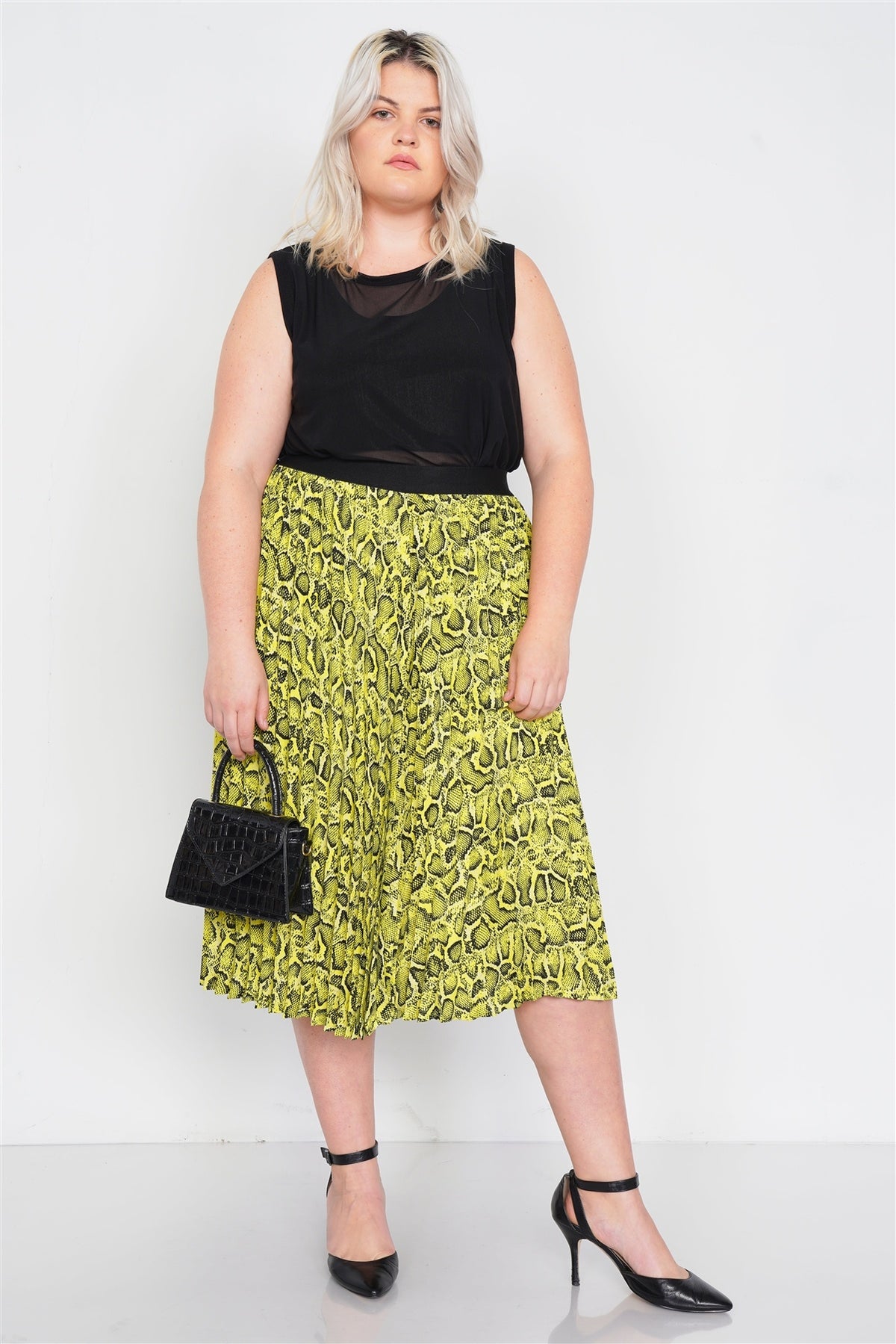 Plus Size Neon Yellow Pleated Animal Print Chic Midi Skirt - YuppyCollections