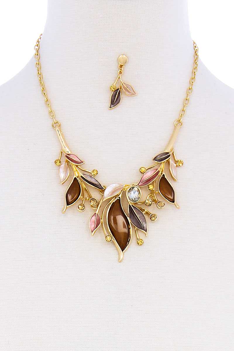 Stylish Multi Rhinestone Leaf Necklace And Earring Set - YuppyCollections