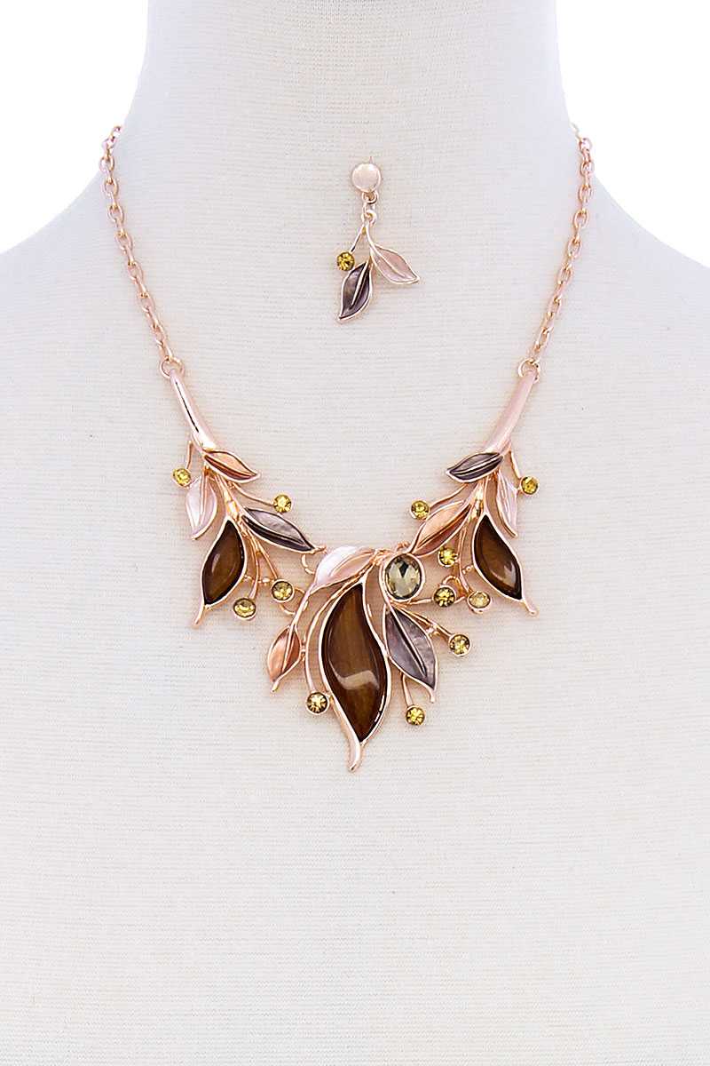 Stylish Multi Rhinestone Leaf Necklace And Earring Set - YuppyCollections