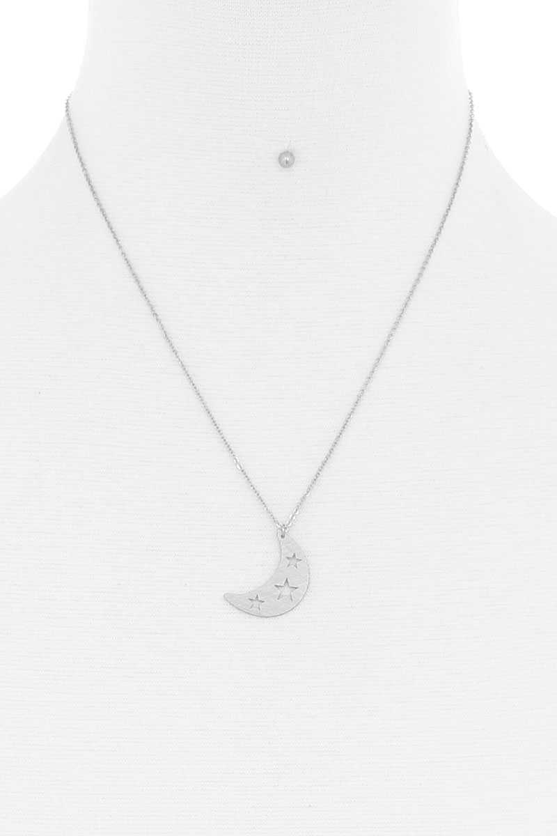 Crescent Moon And Star Pendant Necklace And Earring Set - YuppyCollections