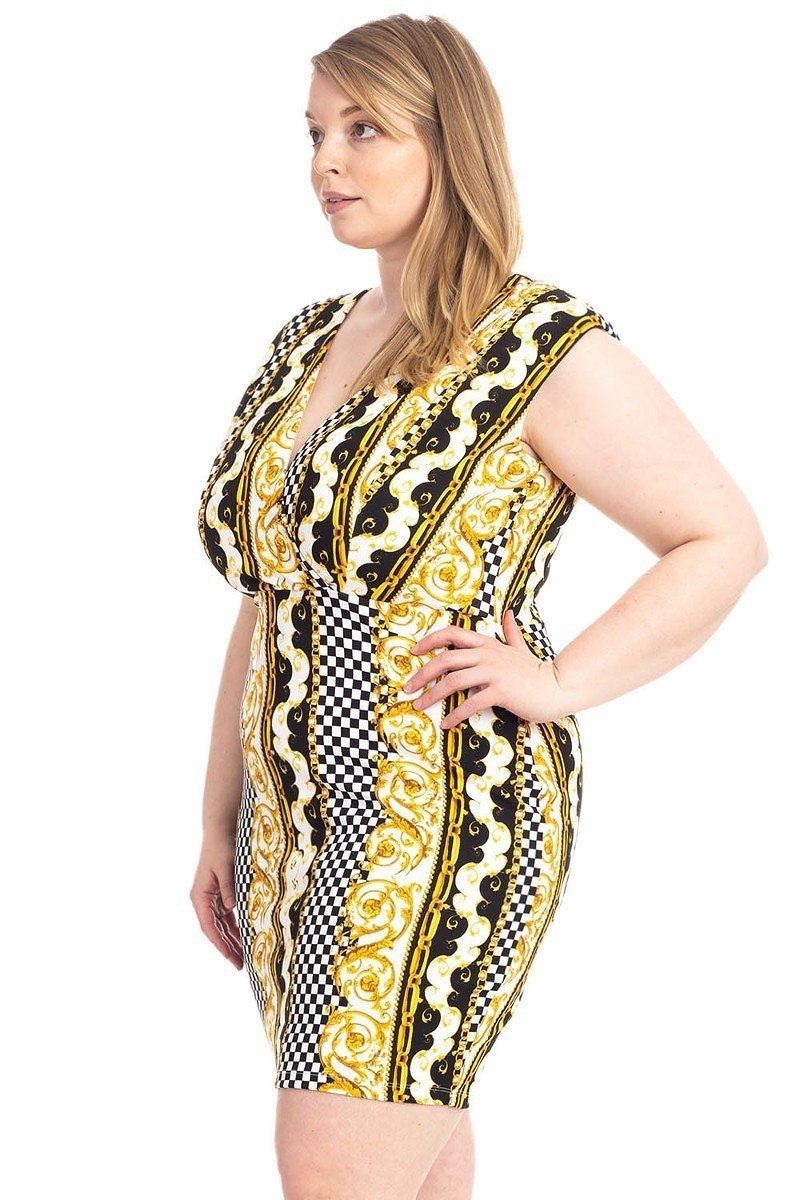 Plus Size Boarder Print  V-neck Bodycon Dress - YuppyCollections