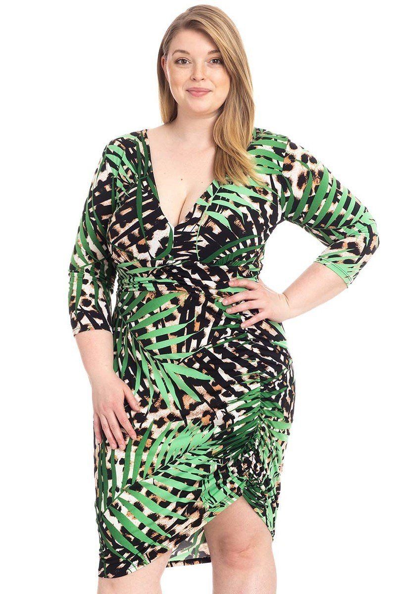 Plus Size Leopard Print With Tropical Leaf Print Bodycon Dress - YuppyCollections