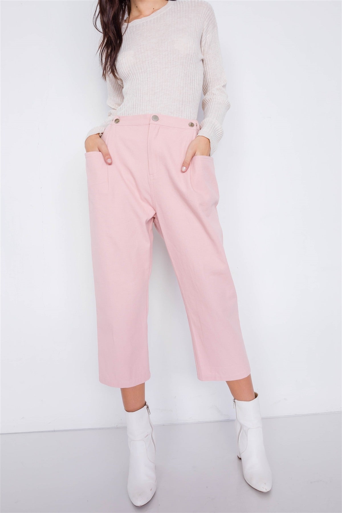 Pastel Chic Solid Ankle Wide Leg Adjustable Snap Waist Pants - YuppyCollections