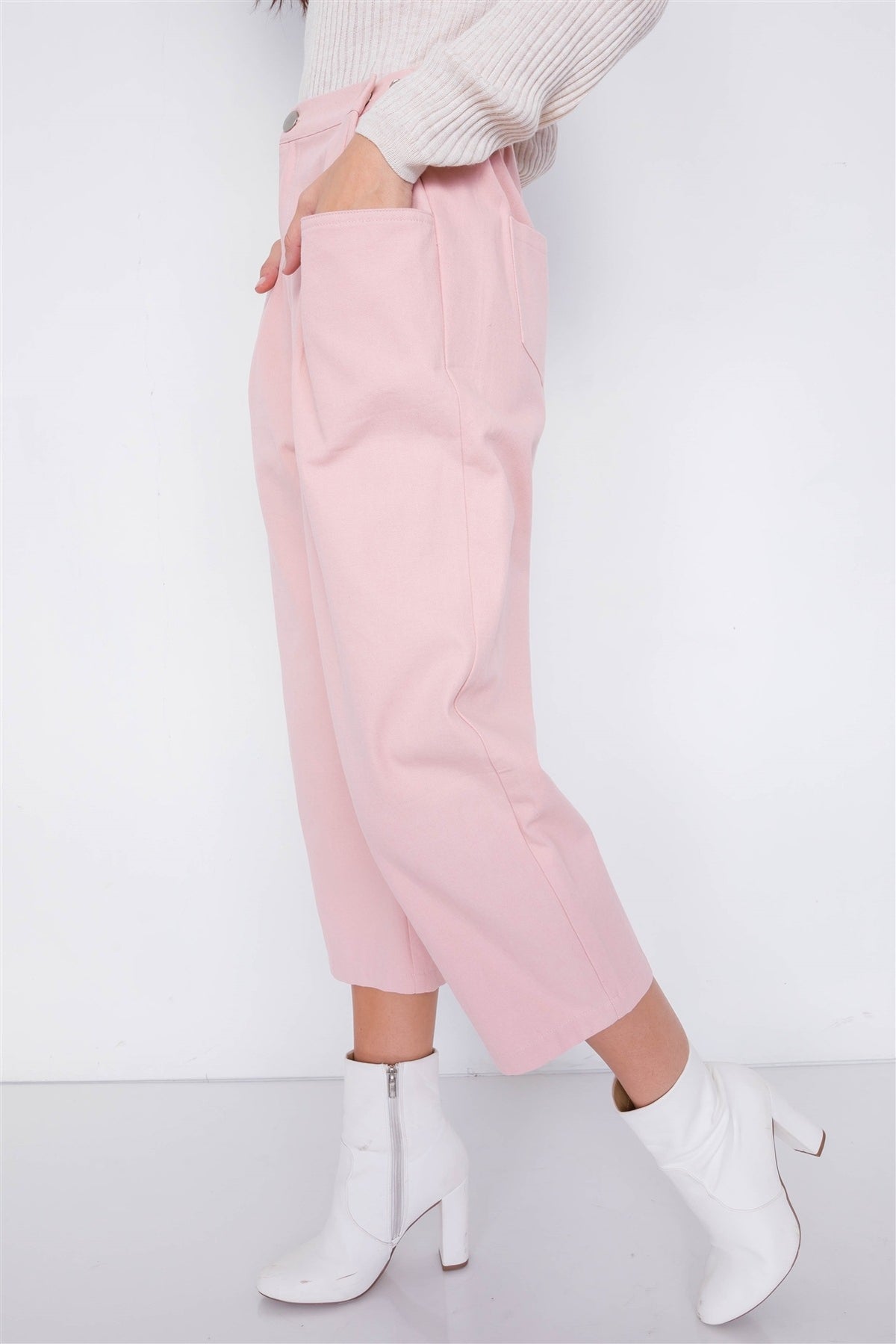 Pastel Chic Solid Ankle Wide Leg Adjustable Snap Waist Pants - YuppyCollections