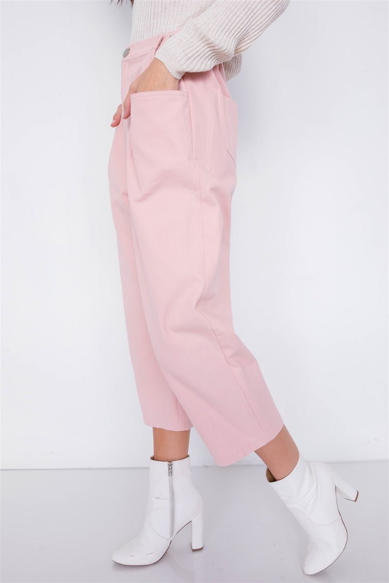 Pastel Chic Solid Ankle Wide Leg Adjustable Snap Waist Pants - YuppyCollections